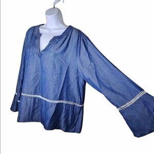 Madeline & Monroe Blue Chambray Lace Trim Bell Sleeve Blouse 2XL Boho Top